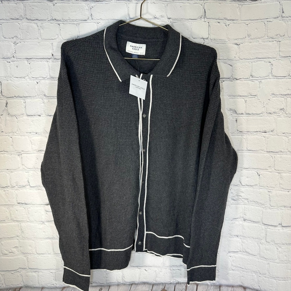 American Eagle Mens Waffle Knit Cardigan Sweater Gray White Trim Button Up Small